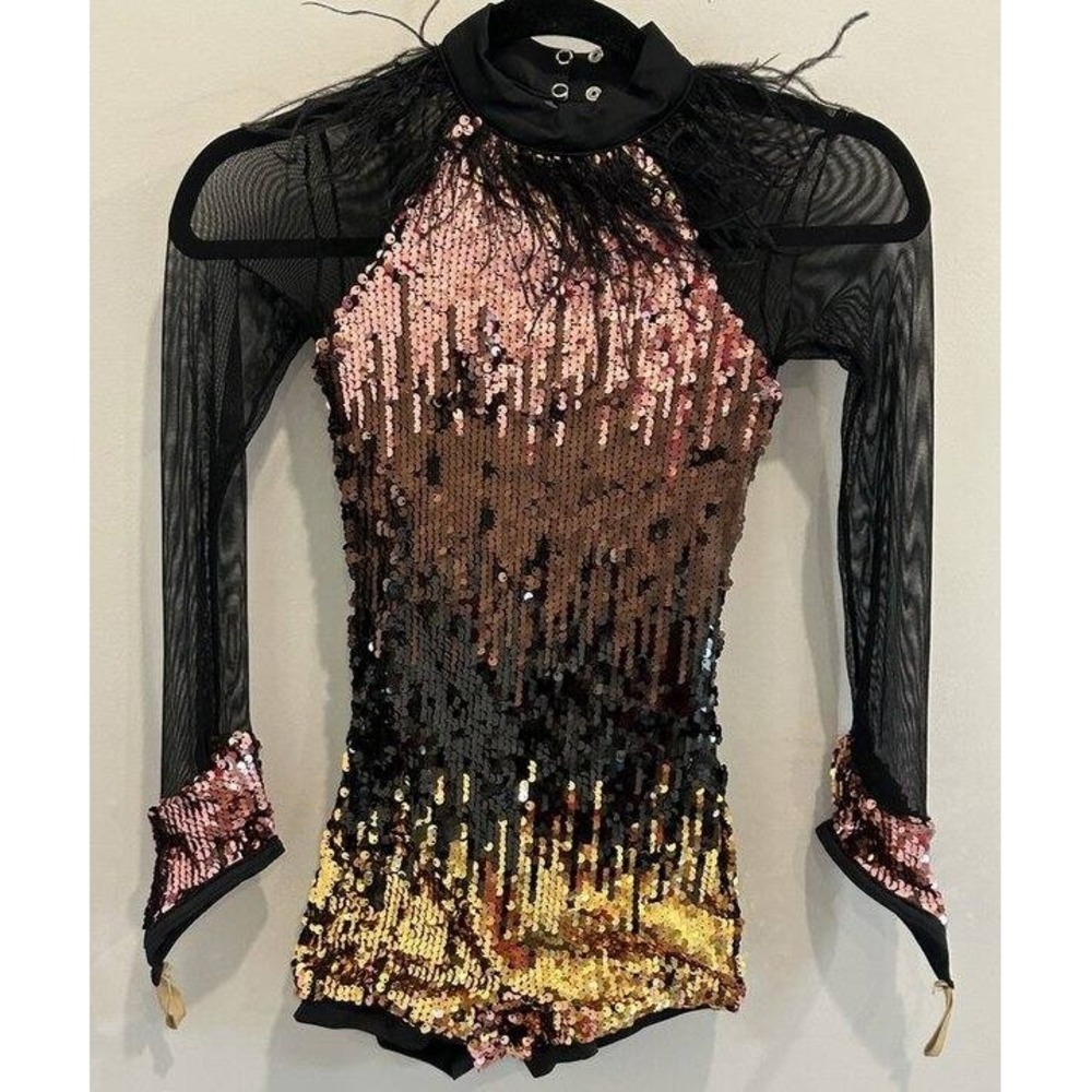 Weissman Rose Gold Long Sleeve Biketard Leotard Dance Outfit Sequins Medium Chil